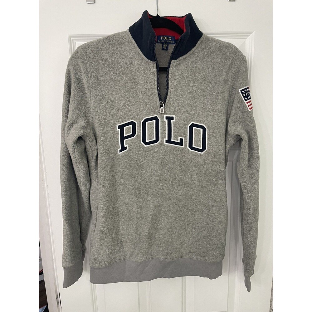 Polo Ralph Lauren Boys XL Grey Fleece Quarter Zip Pullover USA Flag